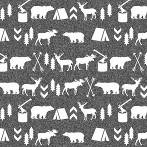 woodland camping silhouette - charcoal linen, camping outdoors fabric, lumberjack fabric