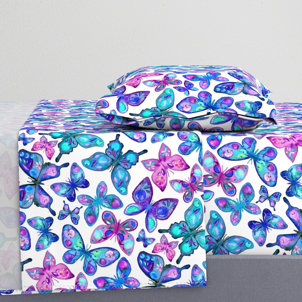 Watercolor Fruit Patterned Butterflies - aqua and sapphire - large