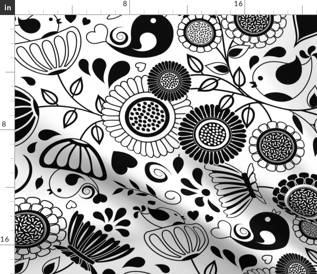 Black and White Floral Scandinavian Folk Art