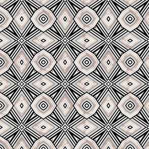 White, black with bronze geometric pattern.