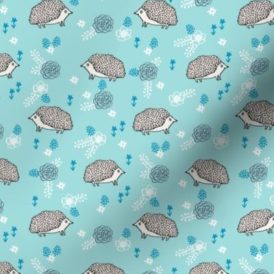 spring floral hedgehog fabric - soft feminine floral hedgehog, hedgehog fabric, floral fabric, baby girls fabric, baby girl, nursery fabric - blue