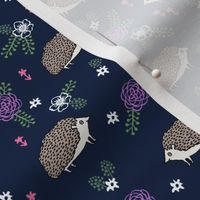 spring floral hedgehog fabric - soft feminine floral hedgehog, hedgehog fabric, floral fabric, baby girls fabric, baby girl, nursery fabric - navy