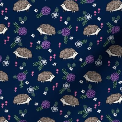 spring floral hedgehog fabric - soft feminine floral hedgehog, hedgehog fabric, floral fabric, baby girls fabric, baby girl, nursery fabric - navy