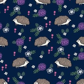 spring floral hedgehog fabric - soft feminine floral hedgehog, hedgehog fabric, floral fabric, baby girls fabric, baby girl, nursery fabric - navy