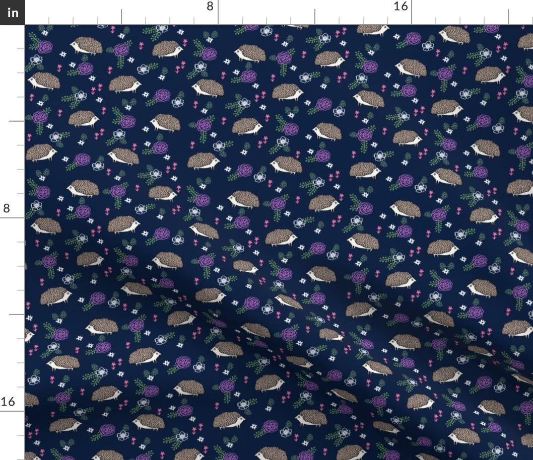 spring floral hedgehog fabric - soft feminine floral hedgehog, hedgehog fabric, floral fabric, baby girls fabric, baby girl, nursery fabric - navy