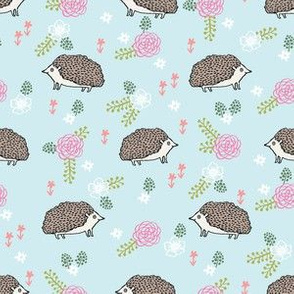spring floral hedgehog fabric - soft feminine floral hedgehog, hedgehog fabric, floral fabric, baby girls fabric, baby girl, nursery fabric - light blue