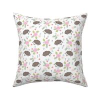 spring floral hedgehog fabric - soft feminine floral hedgehog, hedgehog fabric, floral fabric, baby girls fabric, baby girl, nursery fabric -brown