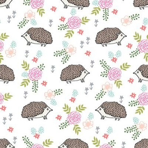 spring floral hedgehog fabric - soft feminine floral hedgehog, hedgehog fabric, floral fabric, baby girls fabric, baby girl, nursery fabric -brown