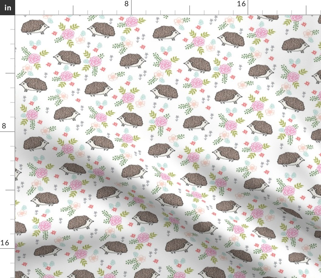 spring floral hedgehog fabric - soft feminine floral hedgehog, hedgehog fabric, floral fabric, baby girls fabric, baby girl, nursery fabric -brown