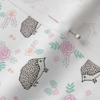 spring floral hedgehog fabric - soft feminine floral hedgehog, hedgehog fabric, floral fabric, baby girls fabric, baby girl, nursery fabric - white