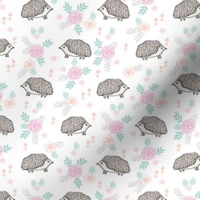 spring floral hedgehog fabric - soft feminine floral hedgehog, hedgehog fabric, floral fabric, baby girls fabric, baby girl, nursery fabric - white