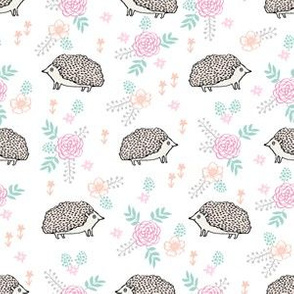 spring floral hedgehog fabric - soft feminine floral hedgehog, hedgehog fabric, floral fabric, baby girls fabric, baby girl, nursery fabric - white