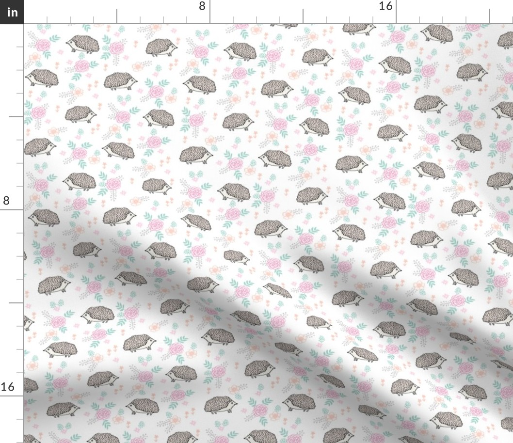 spring floral hedgehog fabric - soft feminine floral hedgehog, hedgehog fabric, floral fabric, baby girls fabric, baby girl, nursery fabric - white