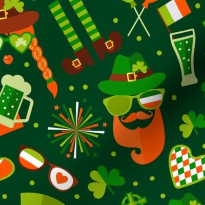 Saint Patrick's Day Festival Green Orange Leprechaun Cute Clover Shamrock Beer on Dark Green