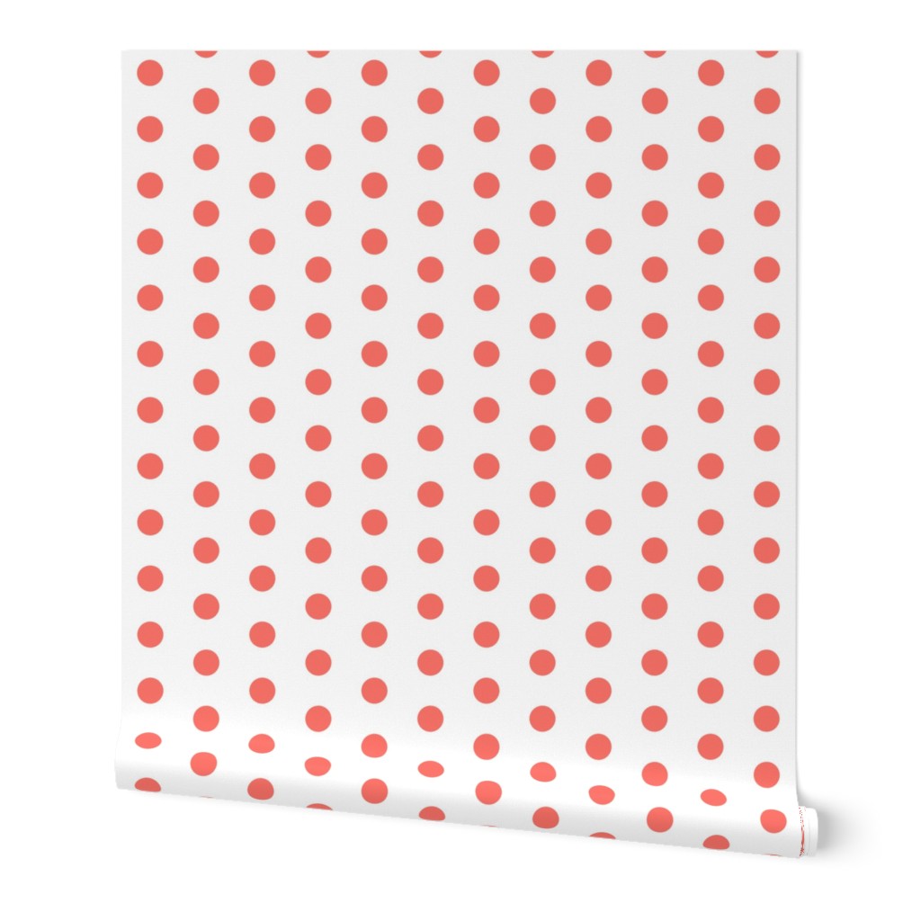 polka dot fabric - coral fabric, living coral fabric, color o f the year fabric - coral - white