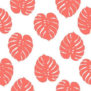 monstera leaf fabric, coral fabric, living coral fabric, pantone fabric, cheese plant fabric, tropical fabric, tropical leaves fabric