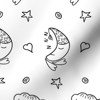 Black and White Moons, Clouds, Stars and Hearts