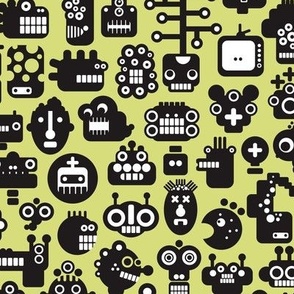 Robofaces on green background