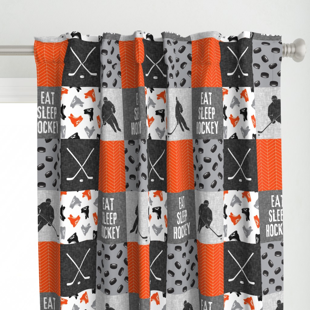 Eat Sleep Hockey - Ice Hockey Patchwork - Wholecloth orange black grey - LAD19