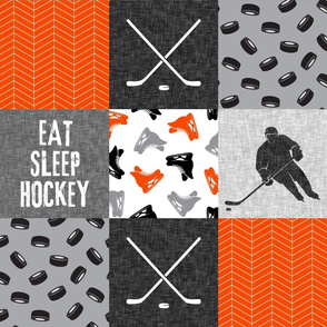 Eat Sleep Hockey - Ice Hockey Patchwork - Wholecloth orange black grey - LAD19