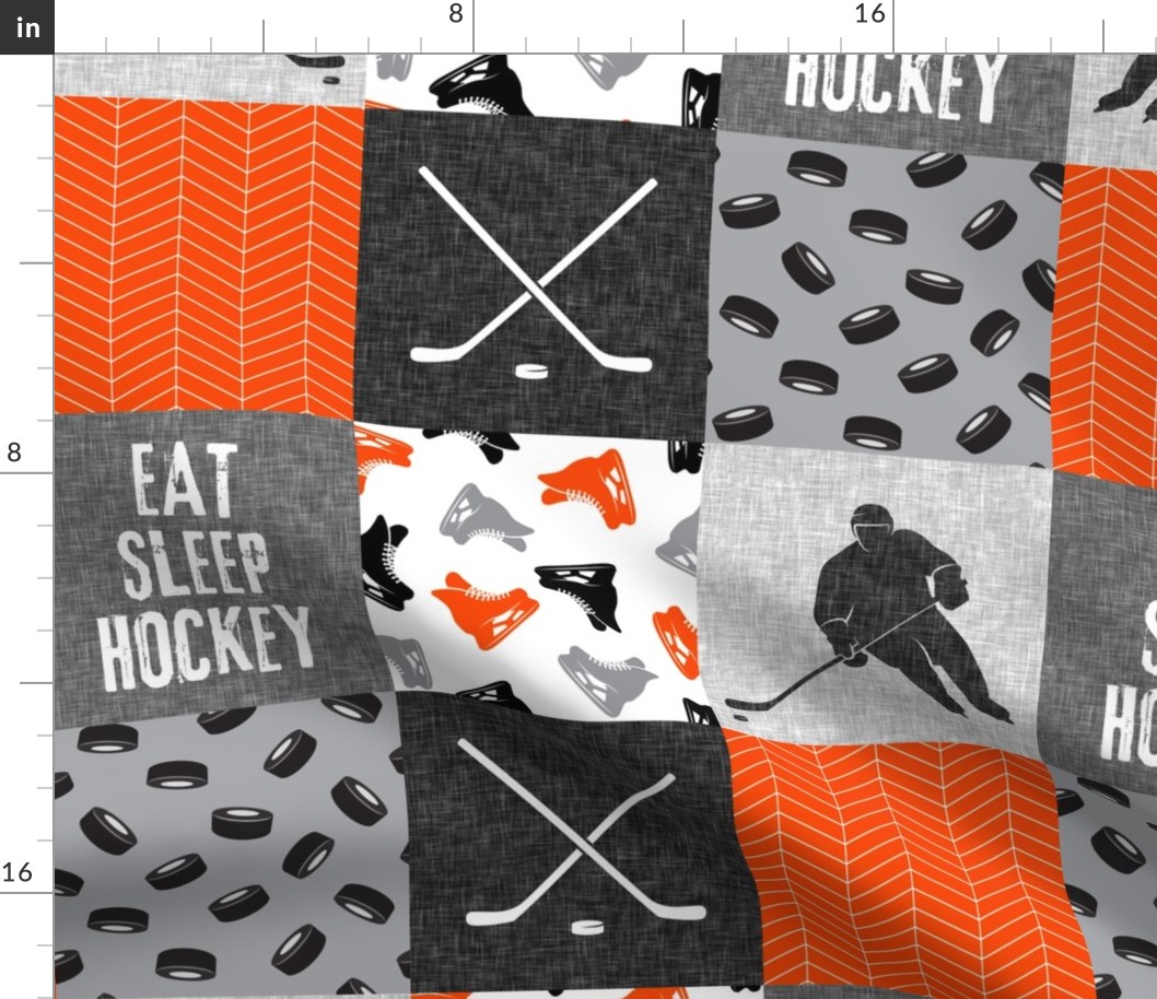 Eat Sleep Hockey - Ice Hockey Patchwork - Wholecloth orange black grey - LAD19