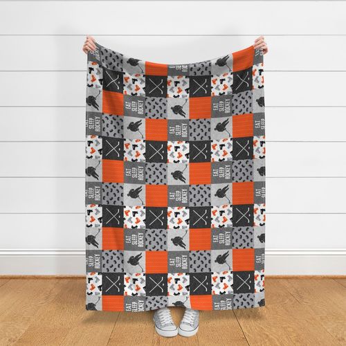 Eat Sleep Hockey - Ice Hockey Patchwork - Wholecloth orange black grey - LAD19 (90)