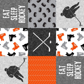 Eat Sleep Hockey - Ice Hockey Patchwork - Wholecloth orange black grey - LAD19 (90)