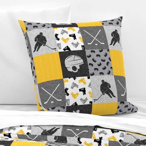  Ice Hockey Patchwork - Hockey Nursery - Wholecloth gold and black - LAD19