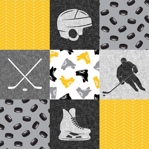  Ice Hockey Patchwork - Hockey Nursery - Wholecloth gold and black - LAD19