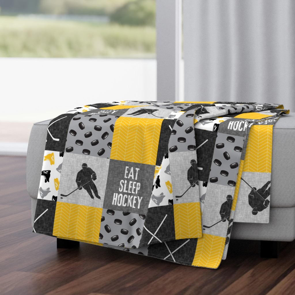 Eat Sleep Hockey - Ice Hockey Patchwork - Hockey Nursery - Wholecloth gold and black - LAD19