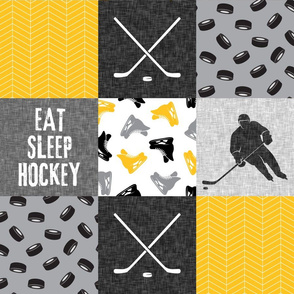 Eat Sleep Hockey - Ice Hockey Patchwork - Hockey Nursery - Wholecloth gold and black - LAD19