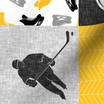  Ice Hockey Patchwork - Hockey Nursery - Wholecloth gold and black - LAD19 (90)