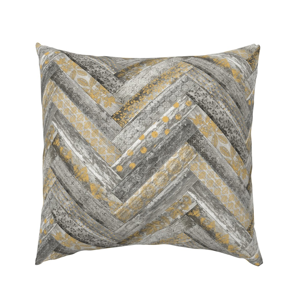 Vintage Wood Chevron Tiles Herringbone  Mustard and Grey