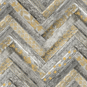 Vintage Wood Chevron Tiles Herringbone  Mustard and Grey