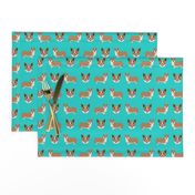 Happy Corgi Dogs on Teal Aqua Green Blue