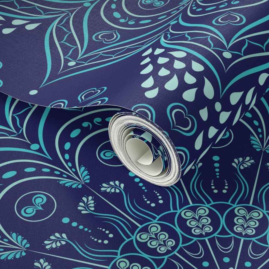 Navy Blue And Teal Floral Mandala Wallpaper Spoonflower