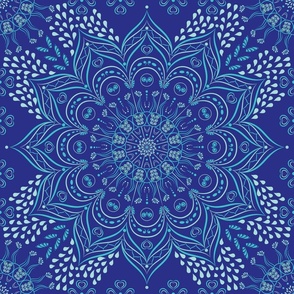 Teal mandala on dark blue background 