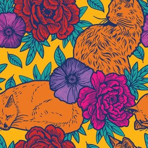 Chinoiserie Inspired Floral Design with Cats - vivid - smaller version