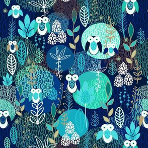 Owls, night forest