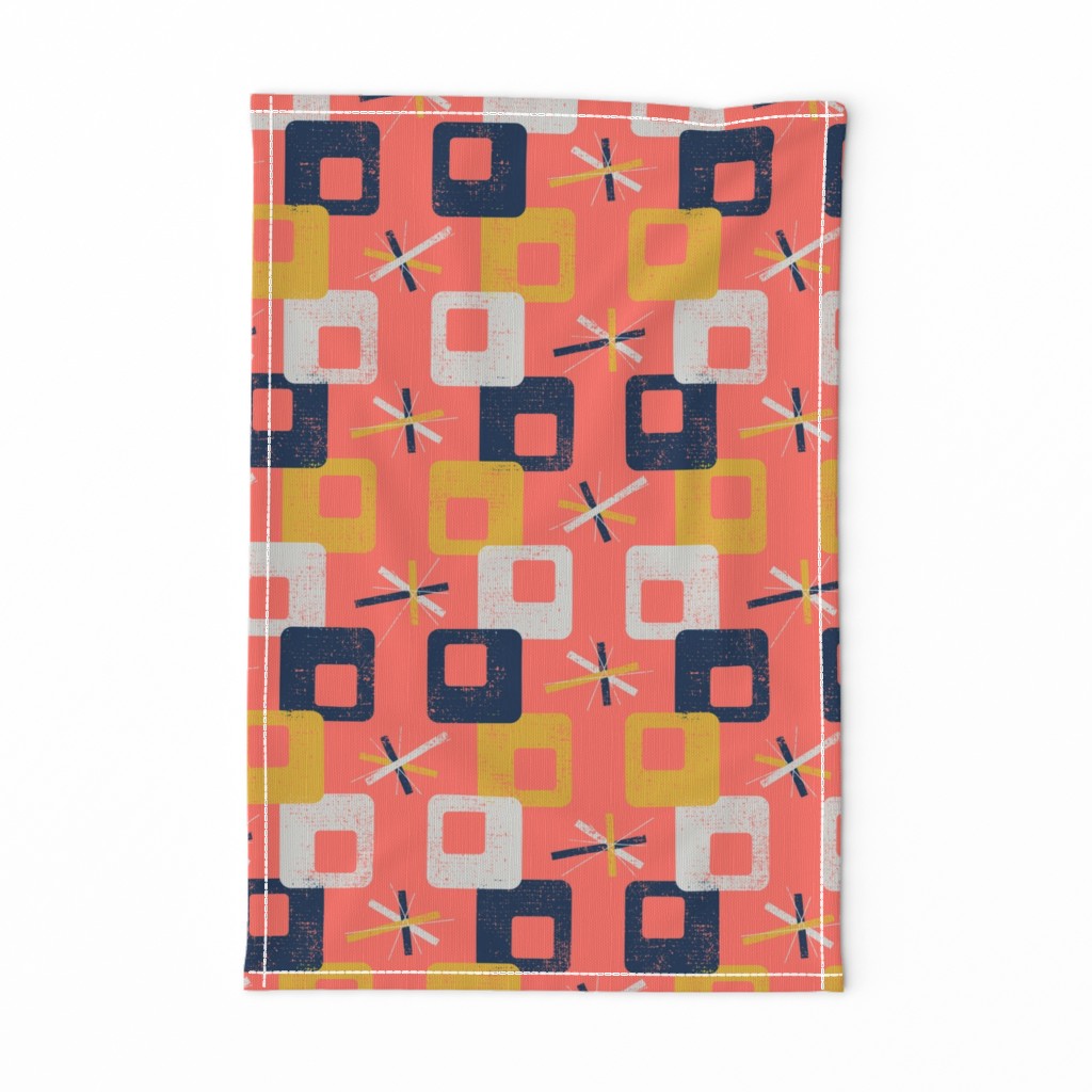 Midcentury Square Geometric ~ Coral Blue Yellow Grey