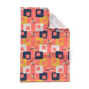 Midcentury Square Geometric ~ Coral Blue Yellow Grey