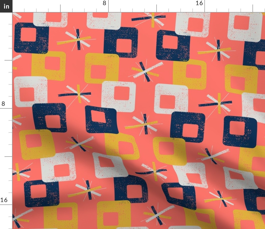 Midcentury Square Geometric ~ Coral Blue Yellow Grey