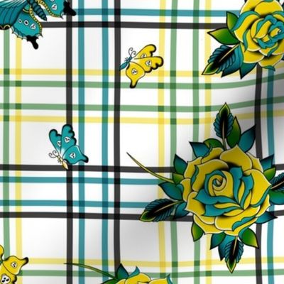Traditional Tattoo Roses Plaid ~ Yellow Teal