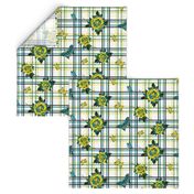 Traditional Tattoo Roses Plaid ~ Yellow Teal