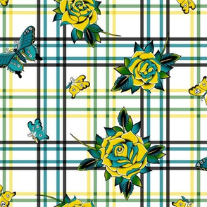 Traditional Tattoo Roses Plaid ~ Yellow Teal