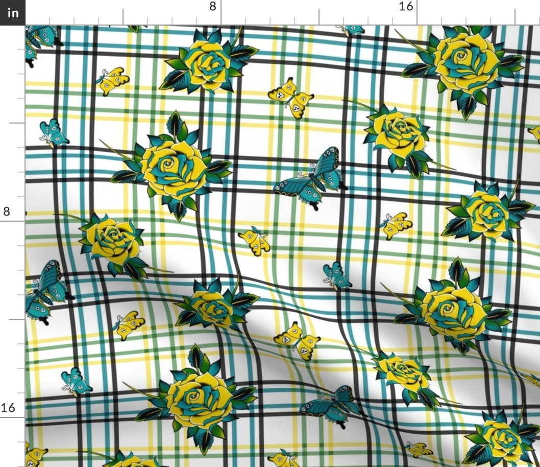 Traditional Tattoo Roses Plaid ~ Yellow Teal