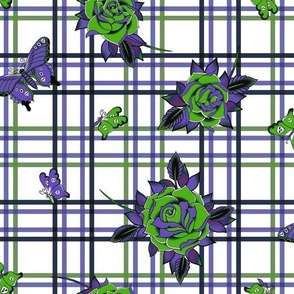 Traditional Tattoo Roses Plaid  ~ Green Purple