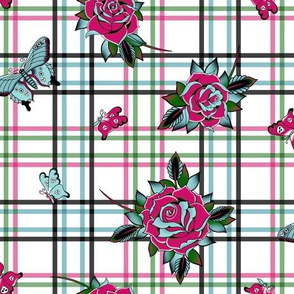 Traditional Tattoo Roses Plaid ~ Pink Blue