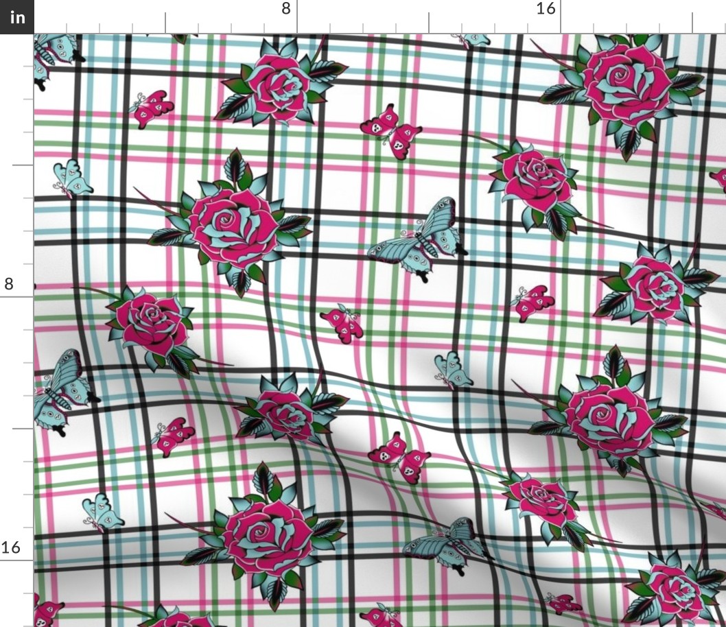 Traditional Tattoo Roses Plaid ~ Pink Blue
