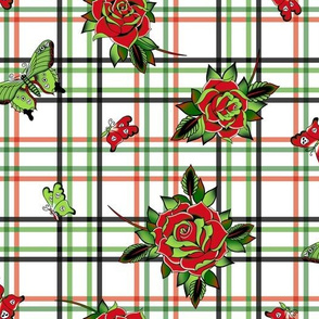 Traditional Tattoo Roses Plaid ~ Red Green